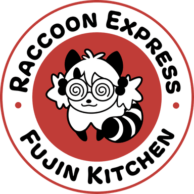 Parody logo, Boba Express as an homage to Panda Express. A black & white Boba-tan sits in the center of a red circle, ringed by additional white concentric circle with a red outline containing black text that reads Raccoon Express - Fujin Kitchen. Her striped raccoon tail curls around her.