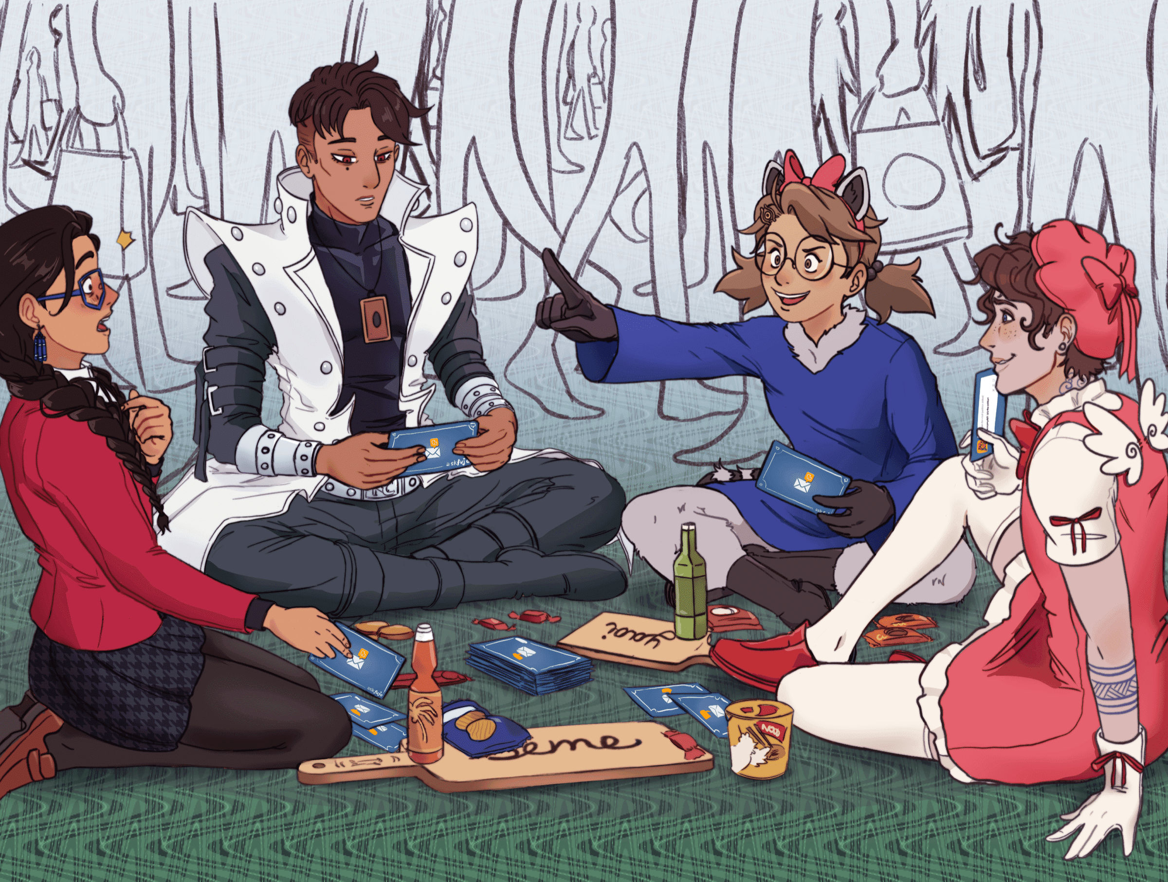 ARIA, Boba-tan, CSS, and HTML hanging out with drinks, playing the AskFujo card game. Boba-tan sits cross-legged on the ground, pointing towards CSS and asking him a question as ARIA looks on, amused, and HTML reads his own question card. A crowd of convention-going passersby shuffle behind the group.